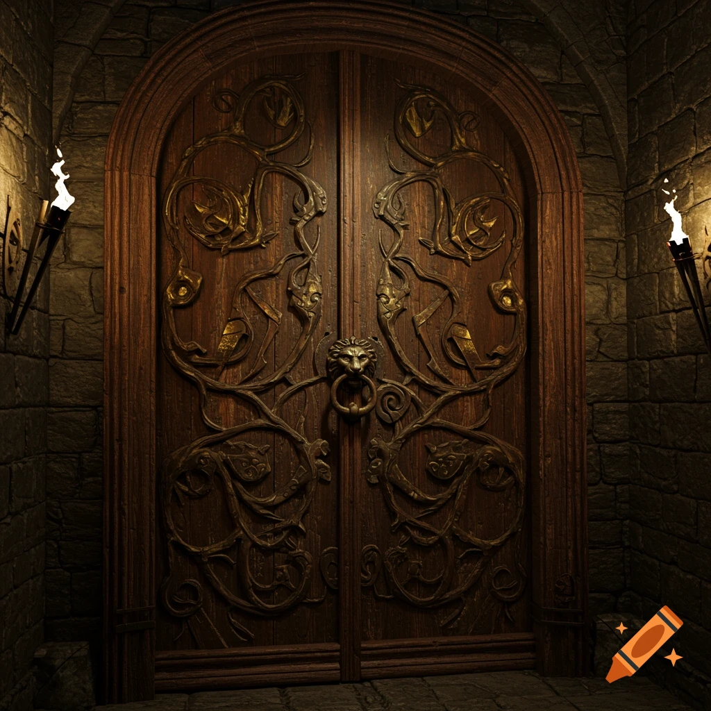 An ornate, dark wooden door with a lion-head knocker and intricate metalwork, flanked by two flaming torches illuminating stone walls.