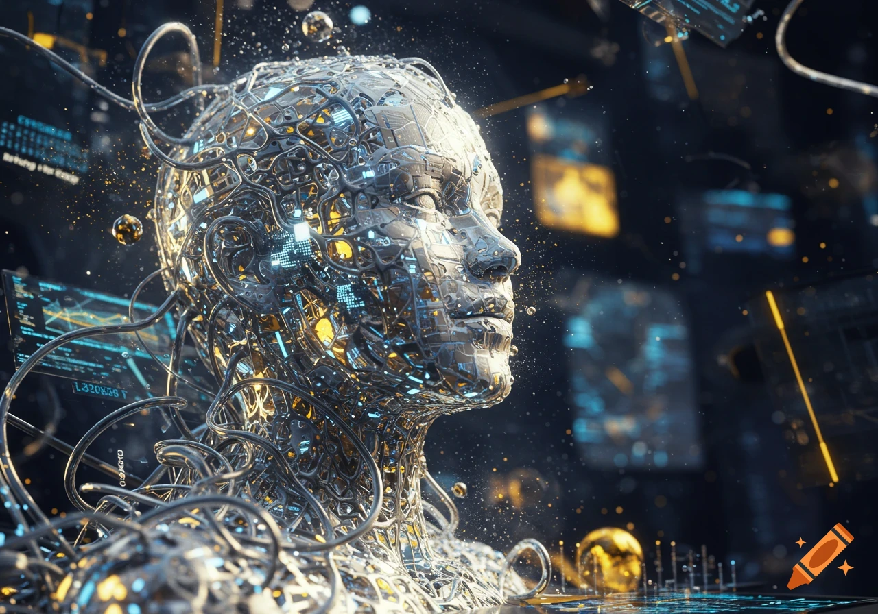 A detailed render of a humanoid head made of intricate metallic wires and circuits, glowing with blue and gold light against a dark background of digital screens.