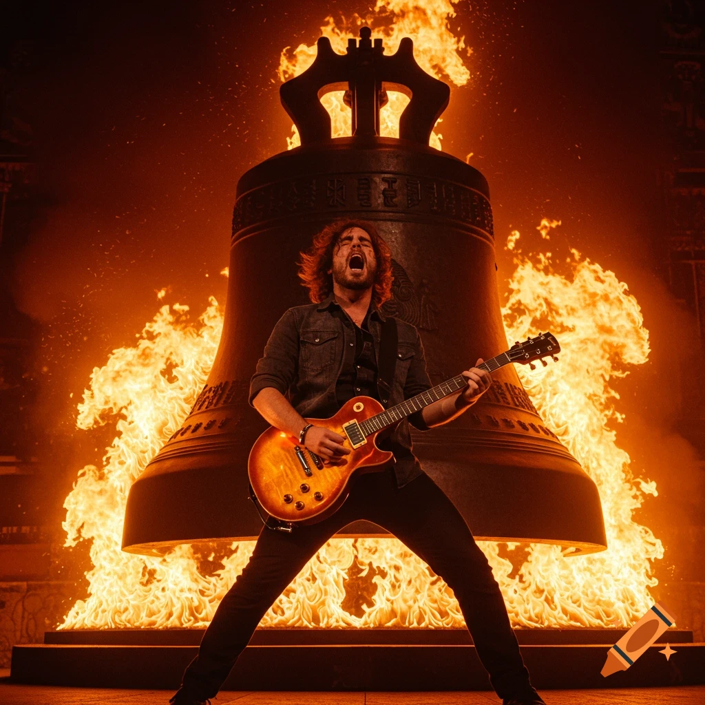 A male guitarist passionately plays an electric guitar in front of a giant bell engulfed in roaring flames.