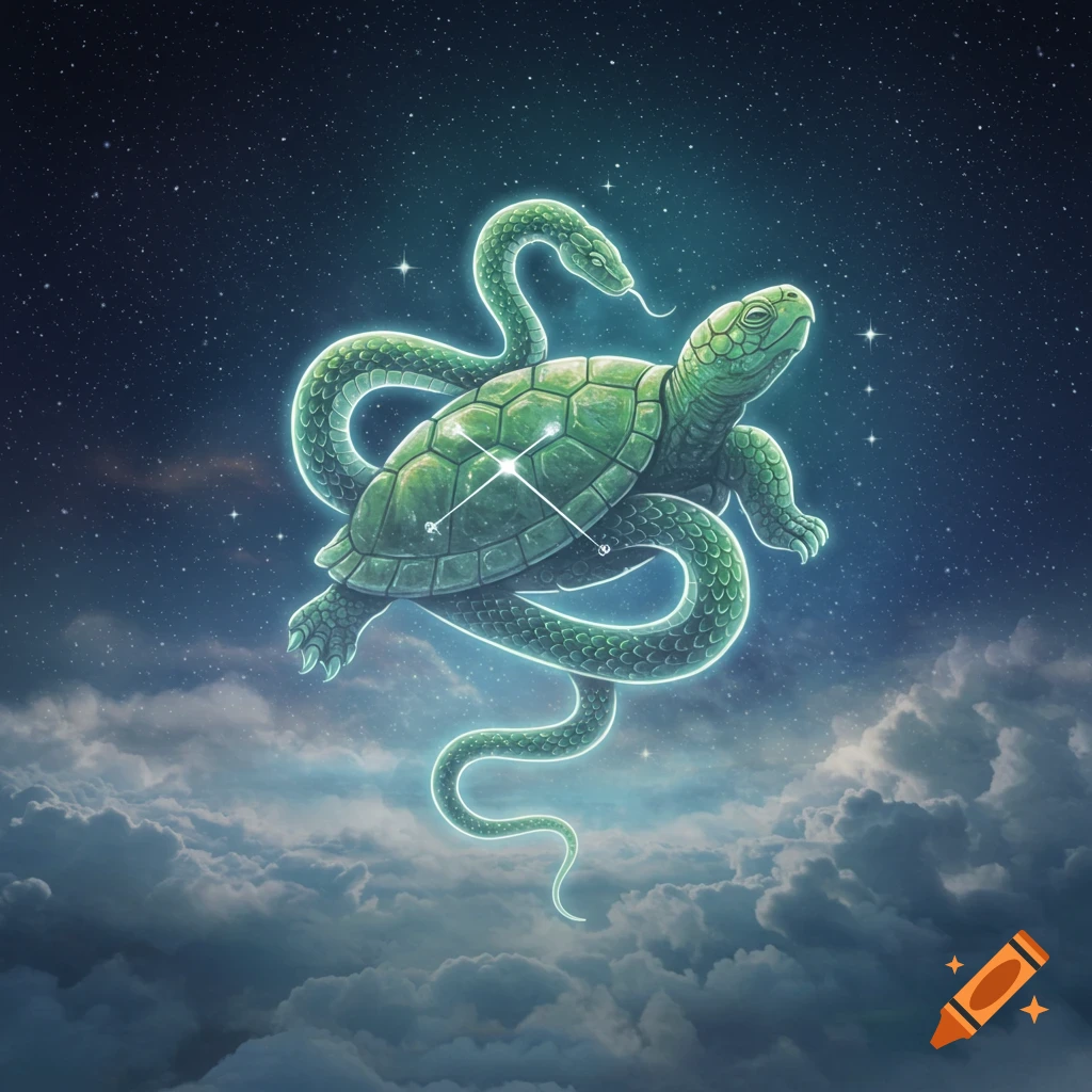 A glowing green turtle entwined with a snake, representing Xuanwu, floats in a starry night sky above clouds.