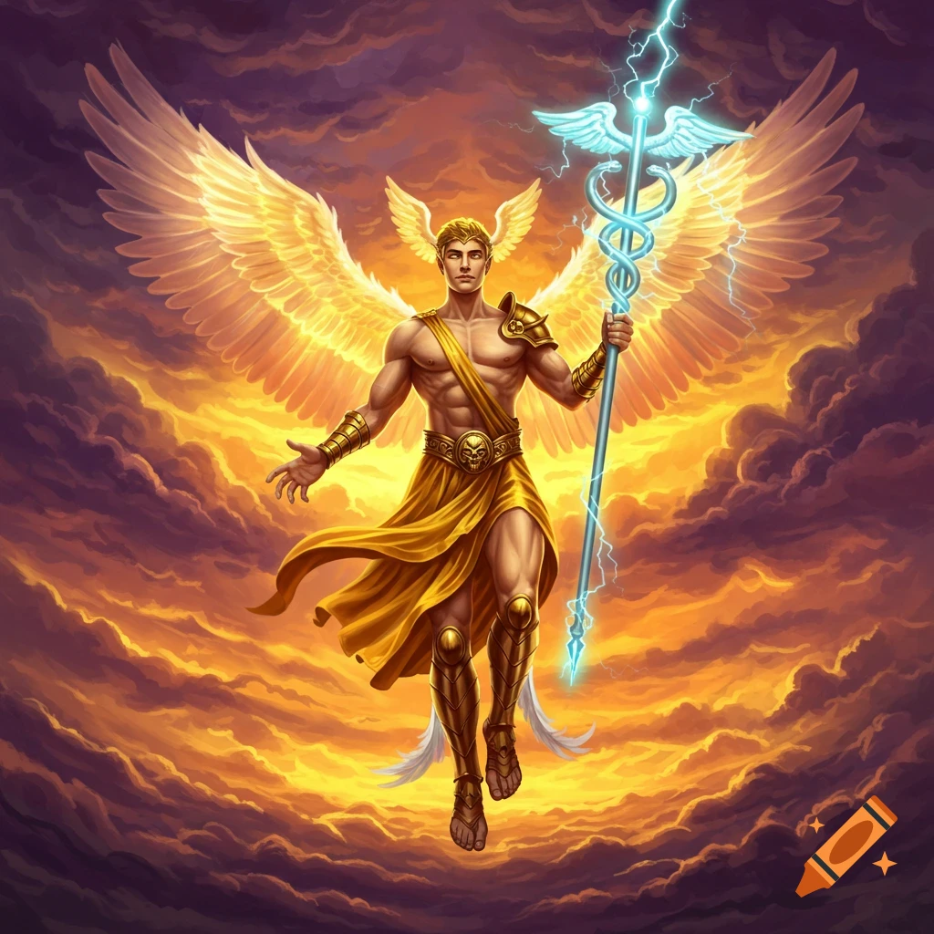 A muscular, winged Hermes in a golden loincloth holds a lightning caduceus staff, floating among fiery orange and purple clouds.
