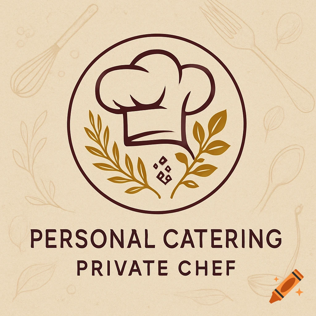 A beige logo for a personal catering and private chef, featuring a chef's hat surrounded by olive branches, with 'PERSONAL CATERING PRIVATE CHEF' text.