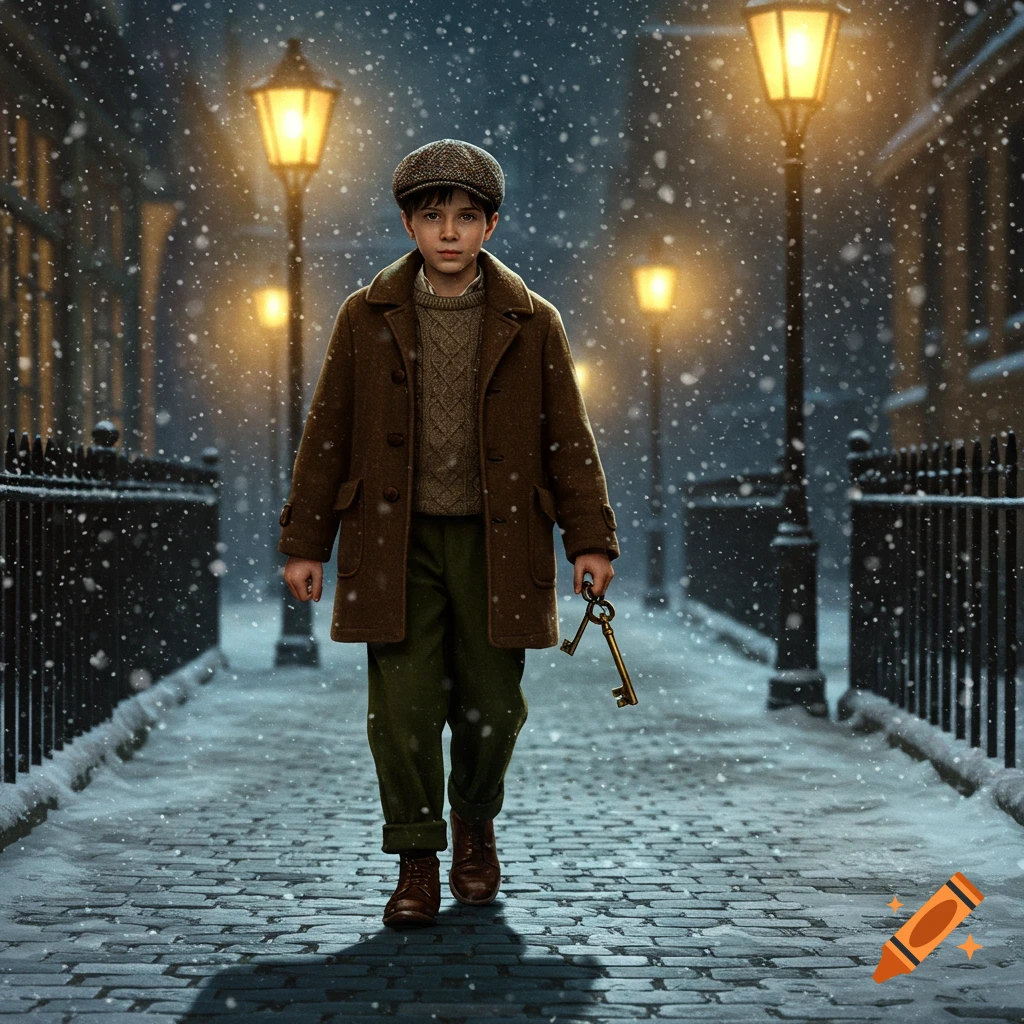 A young boy in a tweed cap and brown coat walks down a snowy, lamp-lit cobblestone street at night, holding keys.