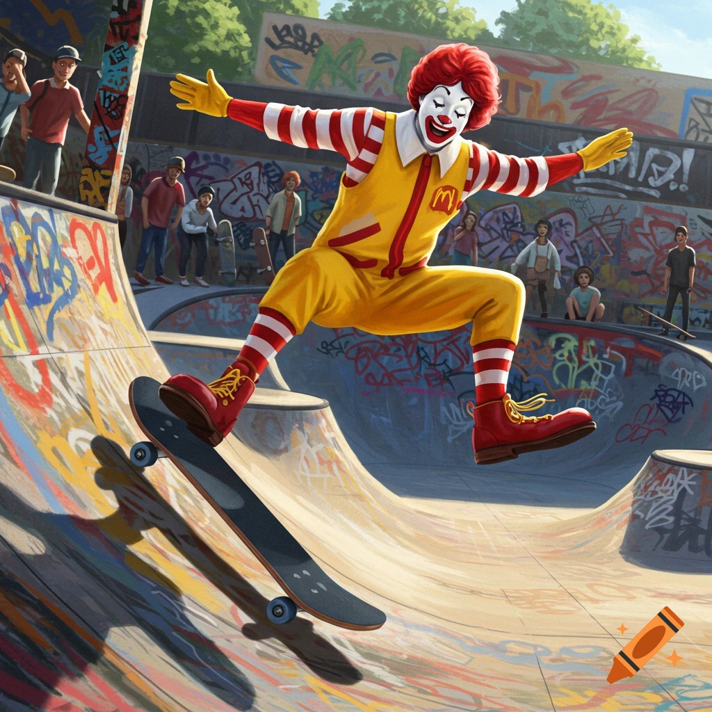 Ronald McDonald skateboarding on a ramp in a graffiti-covered skate park, with spectators watching.