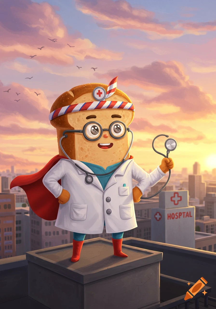 A cartoon bread superhero doctor wearing a white lab coat, red cape, and stethoscope stands on a rooftop overlooking a city at sunset.
