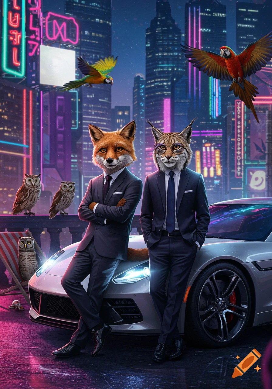 A fox and a lynx in suits pose by a white sports car in a vibrant, neon-lit cyberpunk city at night, with owls perched nearby and parrots flying.
