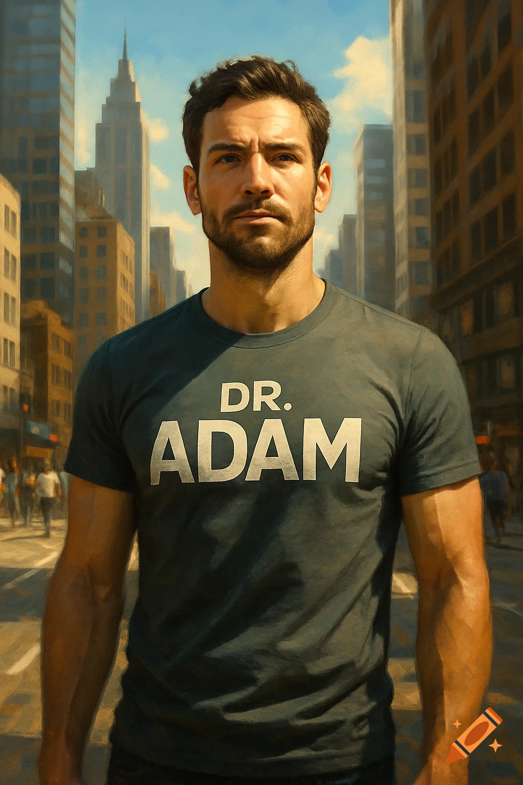A man with a beard wearing a "DR. ADAM" t-shirt stands in a city street with skyscrapers in the background, in a painterly style.