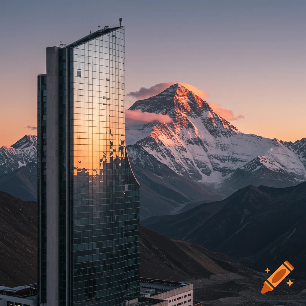 A modern glass skyscraper reflecting a warm sunset with a majestic, snow-capped Mount Everest visible in the background.