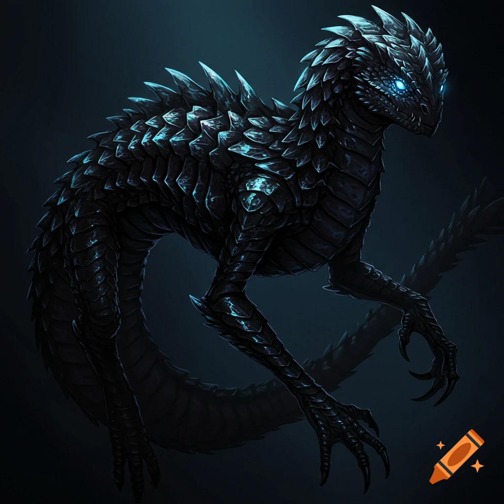 A sleek, dark creature with shimmering black scales and bright blue glowing eyes, standing against a dark background.