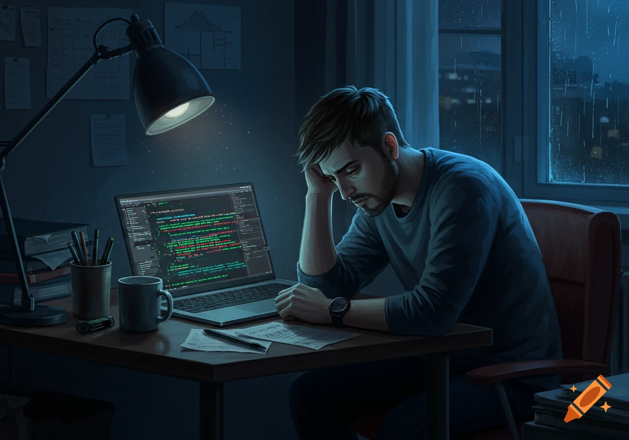 A sad man sits at a desk with a laptop displaying code, illuminated by a lamp in a dark room, with rain visible outside a window.