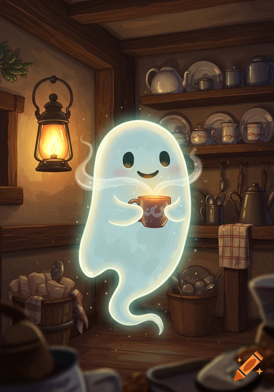 A cute, glowing white ghost holding a steaming brown mug in a cozy, dimly lit wooden kitchen, illustrated.
