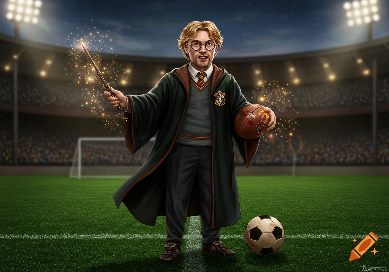 A wizard-like man in a dark robe and glasses stands on a soccer field holding a sparkling wand and a football, with a soccer ball at his feet.