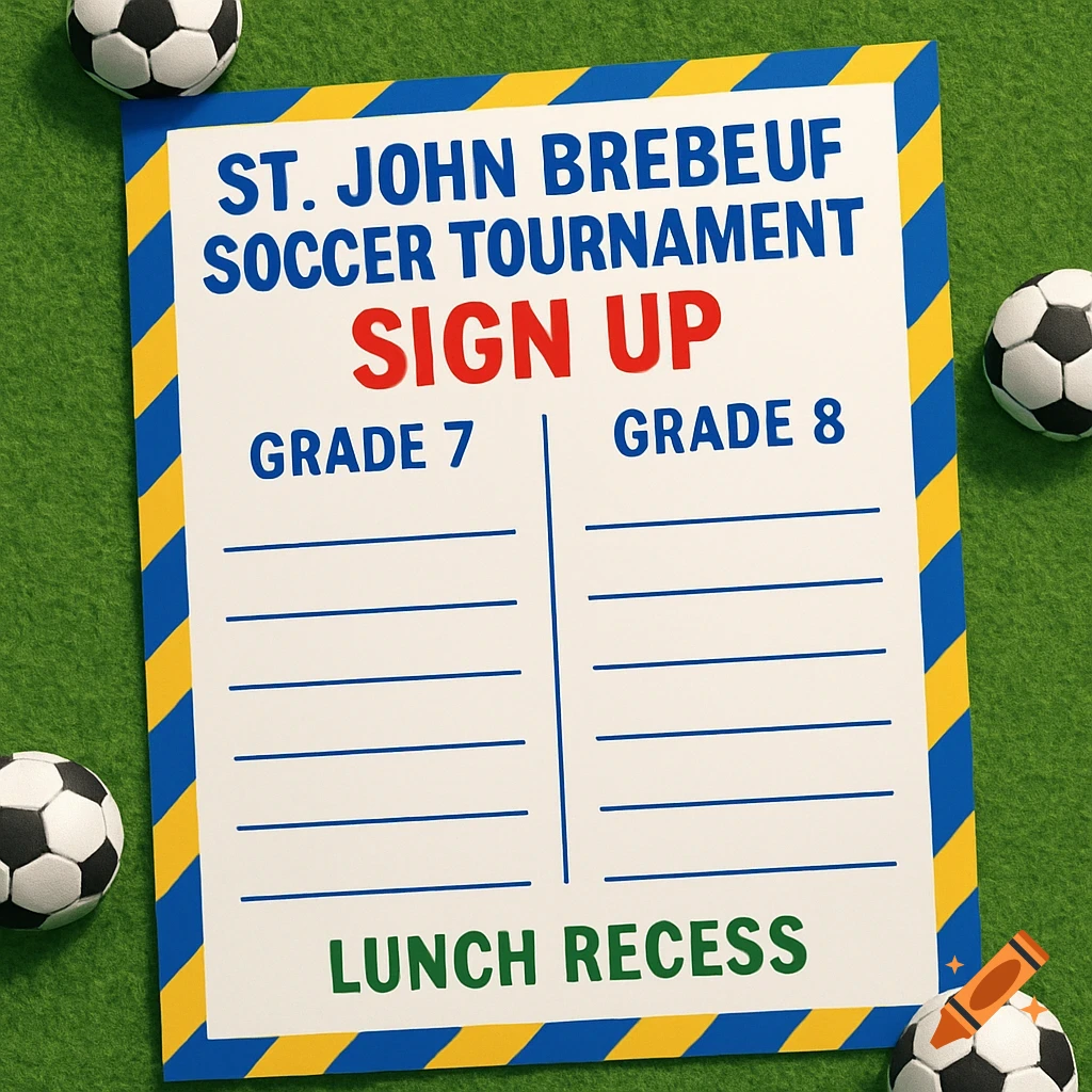 A white sign with yellow and blue stripes around the border, announcing a St. John Brebeuf Soccer Tournament sign-up for Grade 7 and Grade 8, on a green grass background with soccer balls.