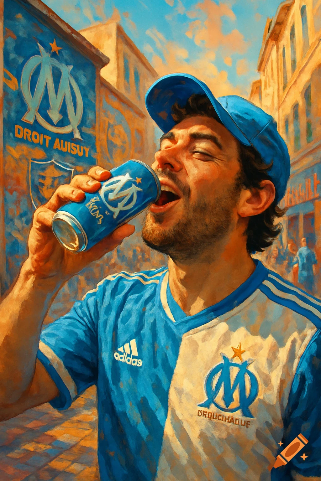An impressionistic painting of a bearded man in a blue and white football jersey and cap, drinking from a blue can with a logo, against a background of buildings and a banner.
