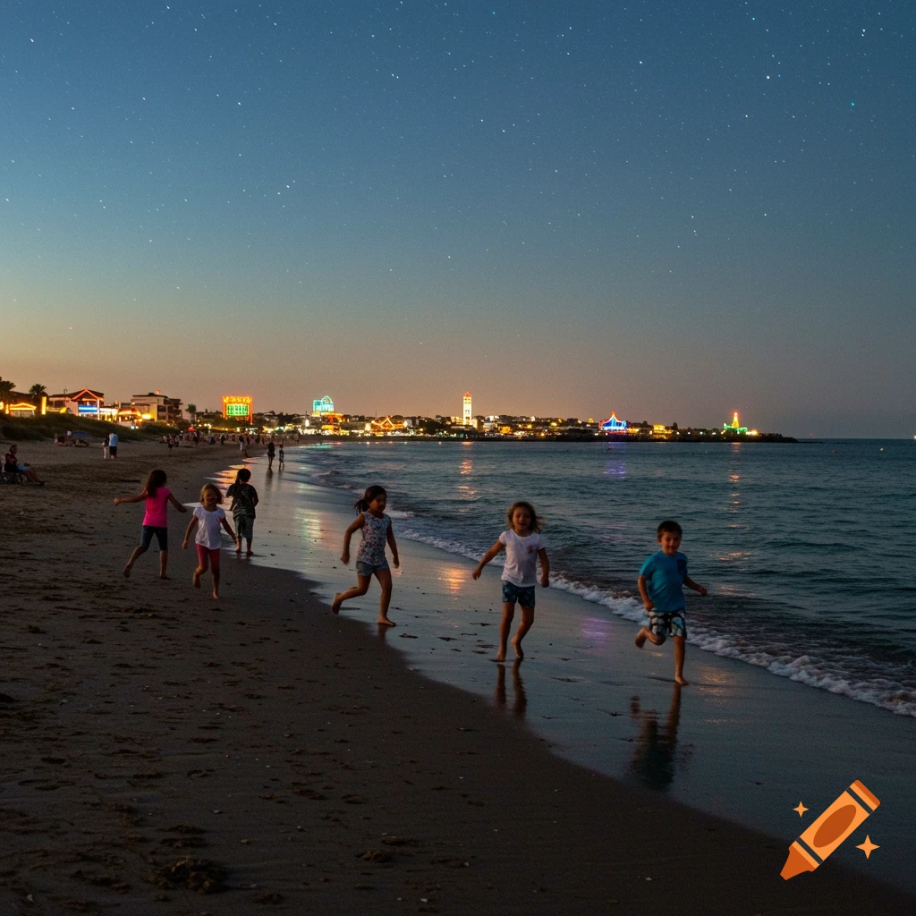 Children run along a starry beach at night, with a brightly lit coastal town in the background.