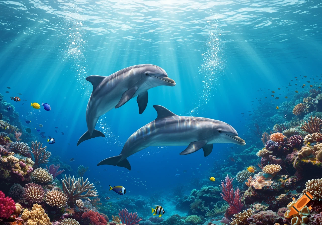 Two dolphins swim in a vibrant coral reef, with schools of colorful fish and sun rays piercing the clear blue water.