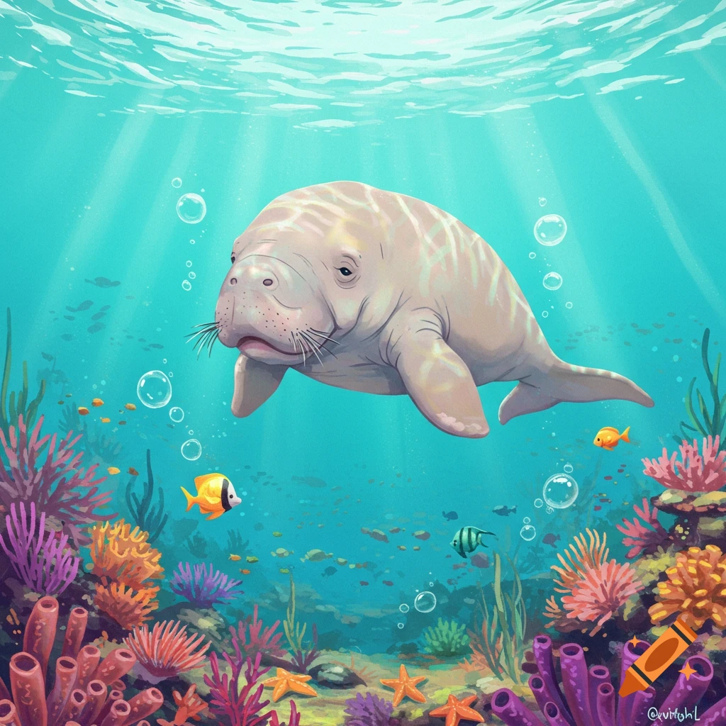 A cute dugong swims underwater near a vibrant coral reef with colorful fish and starfish, in an illustration style.