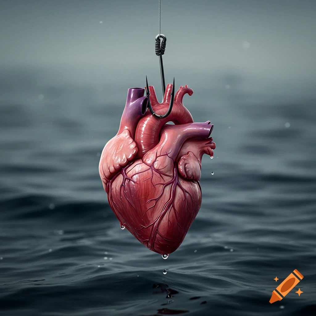 A realistic anatomical heart, red and purple, hangs from a black fish hook above dark rippling water, with water drops falling from it.