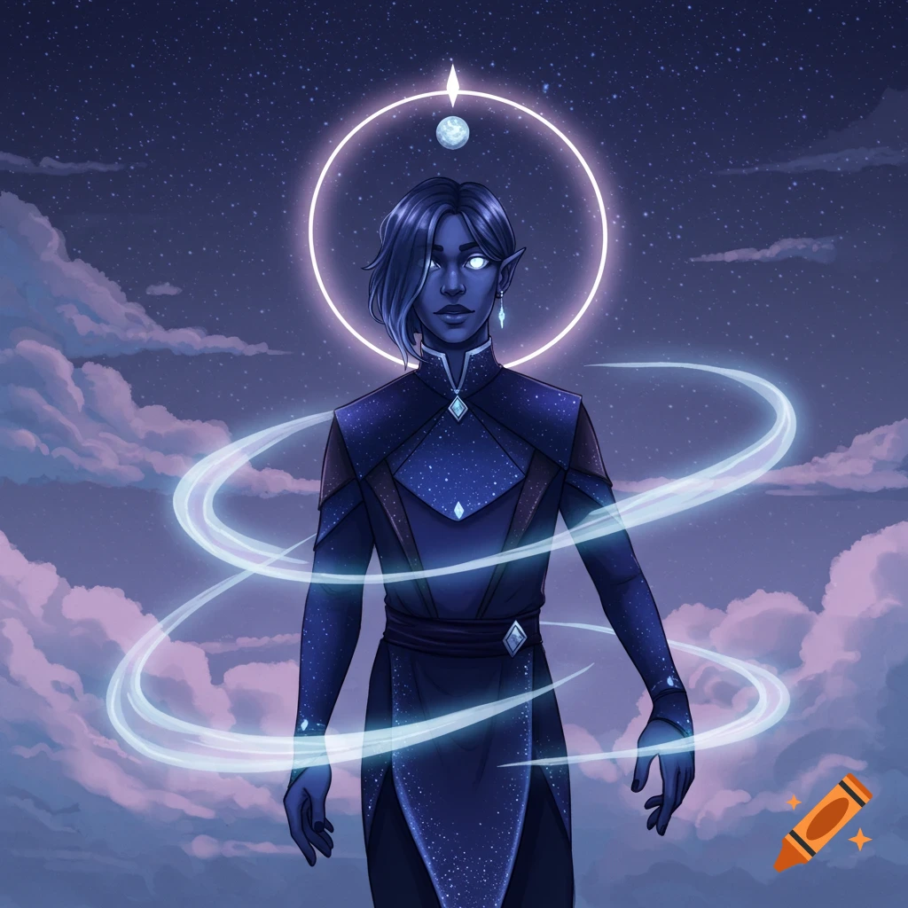 Androgynous celestial being with glowing eyes in a starry outfit, surrounded by light rings under a night sky.