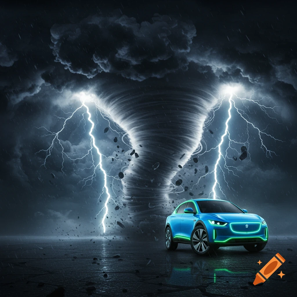 A blue electric car with glowing green accents sits on a wet road as a massive tornado with lightning rages behind it.