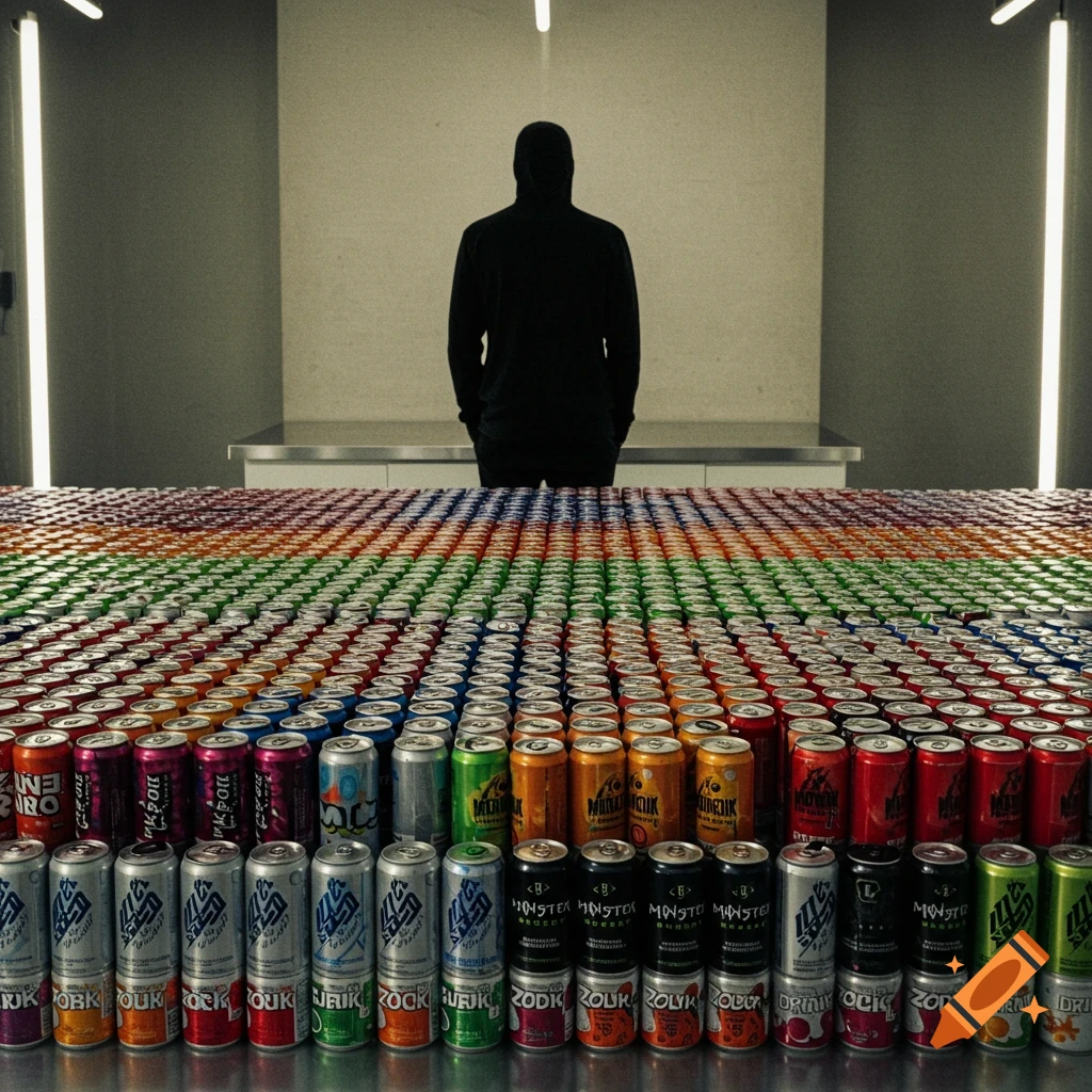 A hooded figure stands with their back to the camera behind a vast table covered in rows of colorful energy drink cans, in a minimalist room with vertical lights.
