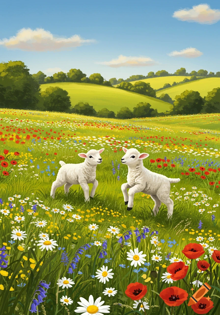 Two white lambs stand in a vibrant springtime meadow full of colorful wildflowers under a clear blue sky, illustrated.