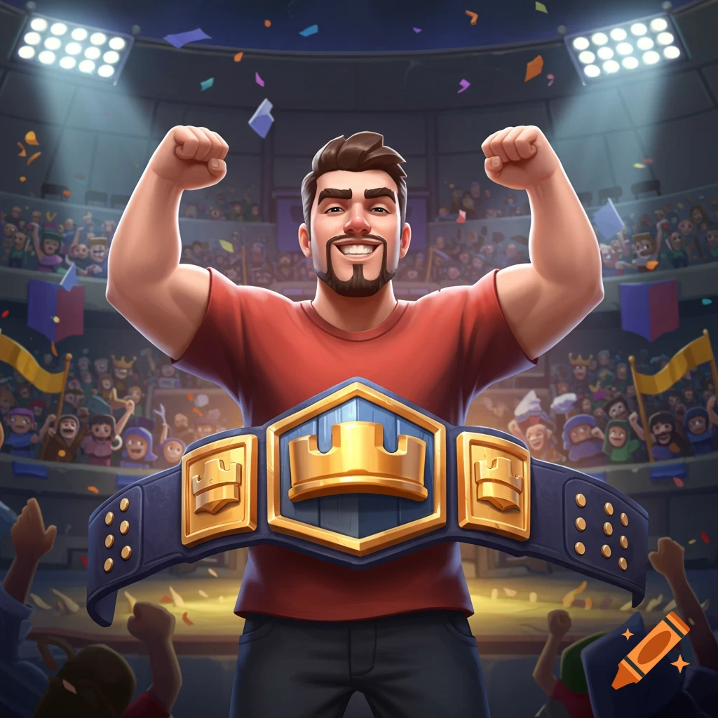 A smiling, muscular cartoon man in an arena flexes his biceps, holding a championship belt with a crown design, as confetti falls over a cheering crowd.
