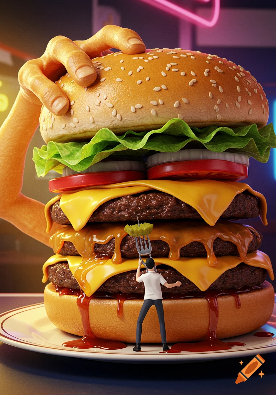 A giant, stylized cheeseburger with a tiny person holding a pickle and a large hand holding the top bun.