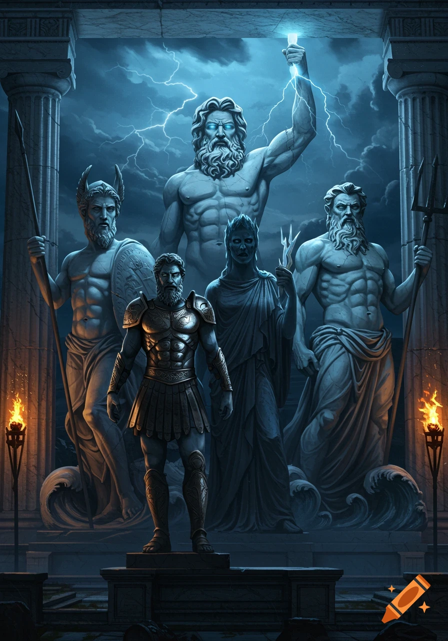 Five statues of Greek gods, including Zeus with lightning and Poseidon with a trident, in a dramatic, dark temple setting with torches and stormy sky.
