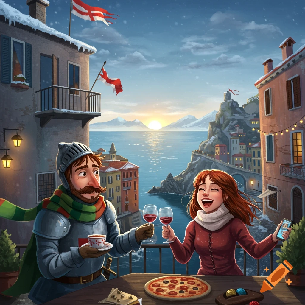 Cartoon knight and woman toast with wine and pizza on a snowy balcony overlooking a coastal town at sunset.