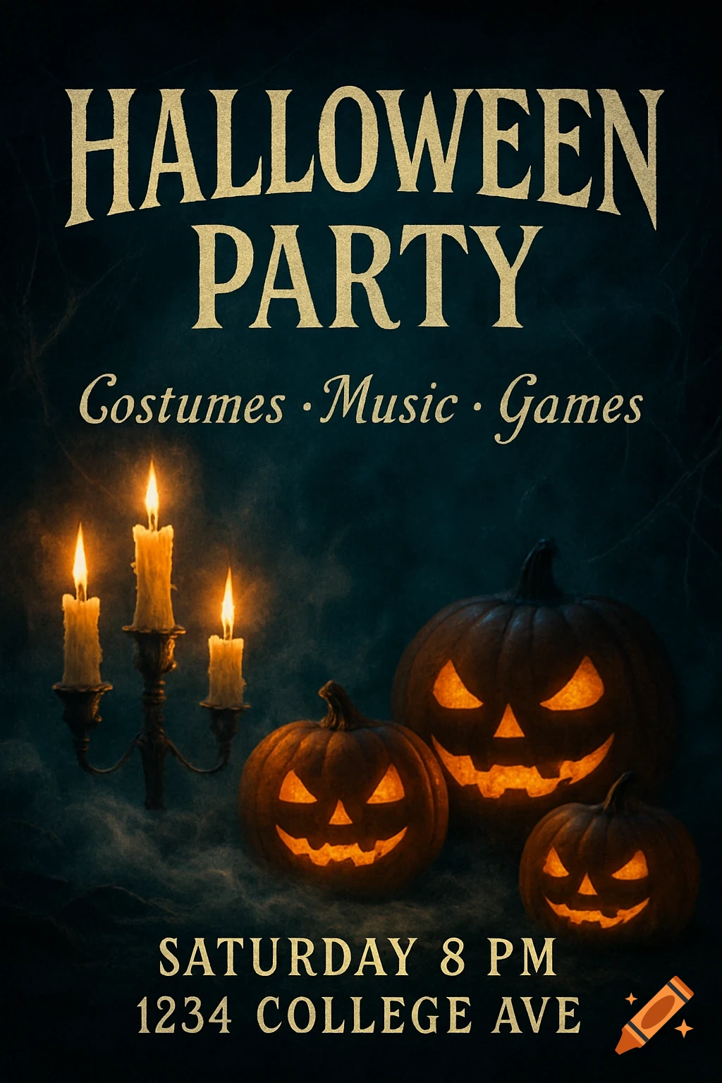 Eerie Halloween party invitation with glowing jack-o'-lanterns, candelabra, cobwebs, and event details.