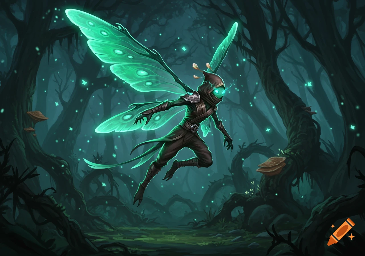 A dark-clad ninja-like fairy creature with glowing green eyes and large bioluminescent wings hovers in a dark, magical forest.