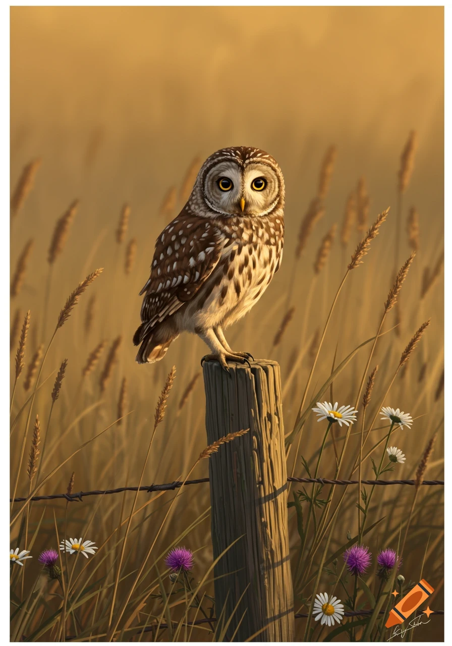 A photorealistic painting of a barred owl on a fence post in a sunlit field with golden grass and wildflowers.