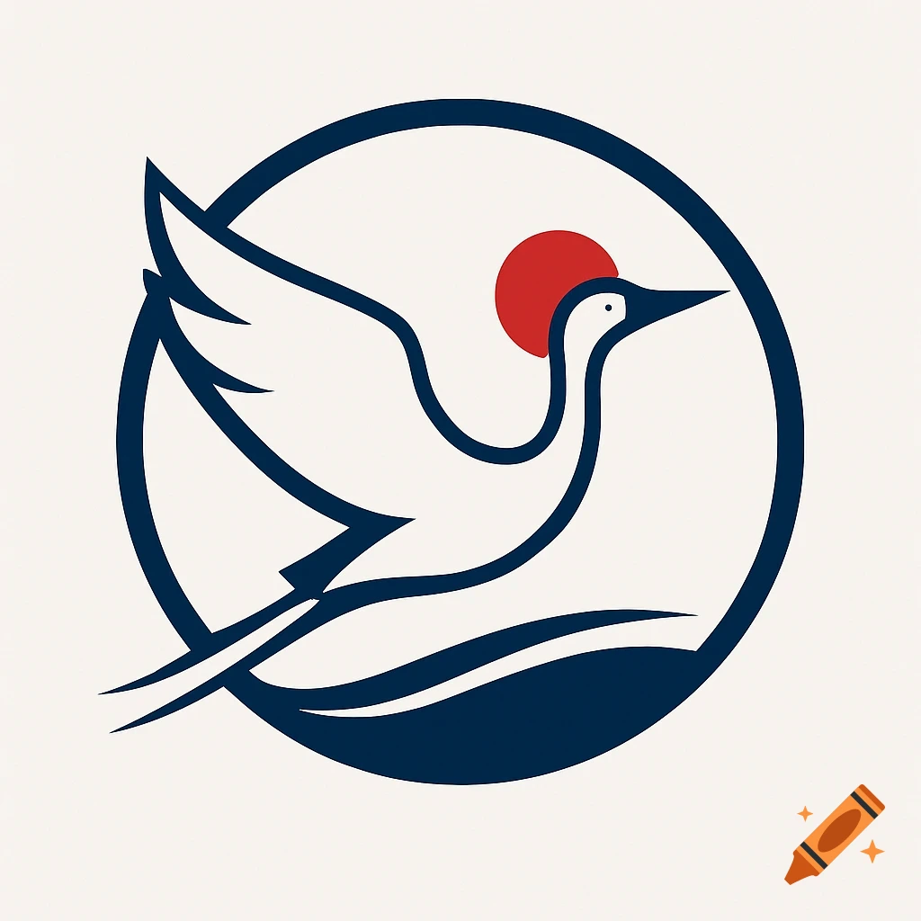 Abstract logo of a white crane with blue outlines flying in a circle, with a red sun and blue wave.