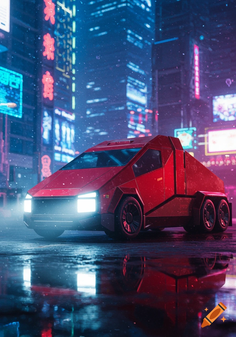 A red futuristic truck resembling a Cybertruck parked on a wet, neon-lit street in a cyberpunk city at night.