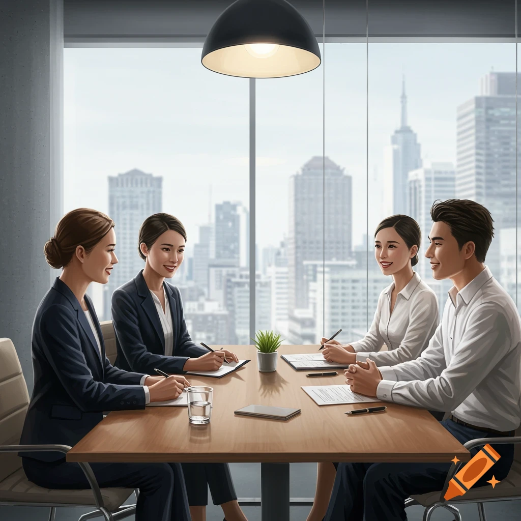Four business professionals, three women and one man, in suits and business casual attire, sit around a table in a modern meeting room with a city skyline view.