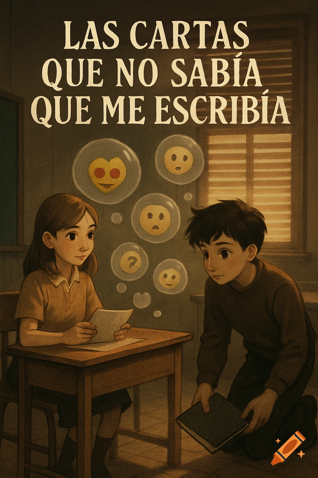 Illustrated book cover shows a girl and boy in a classroom, with thought bubble emojis. Title: 'LAS CARTAS QUE NO SABÍA QUE ME ESCRIBÍA'.