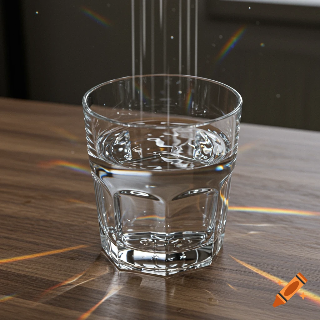 A photorealistic image of a glass of water on a wooden table with rainbow light reflections.