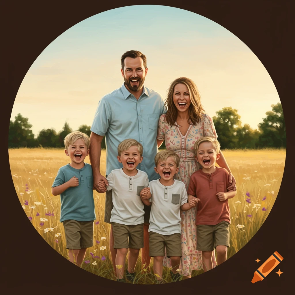 A joyful family of five, father, mother, and three young sons, smiling and laughing in a sunlit field with wildflowers, digital art.