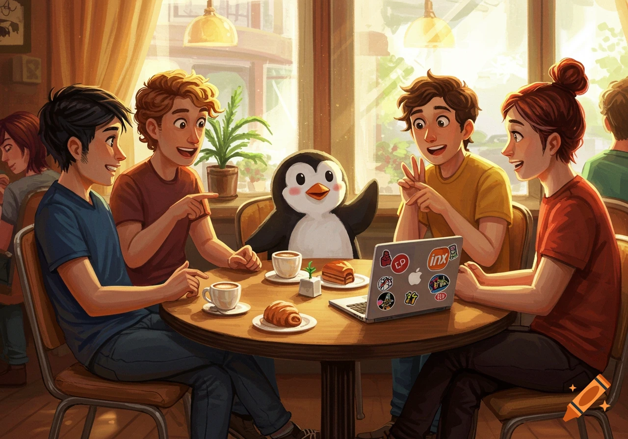 Four young people and the Linux penguin mascot, Tux, sit around a table in a bright cafe, drinking coffee and eating pastries. A laptop with stickers is on the table.