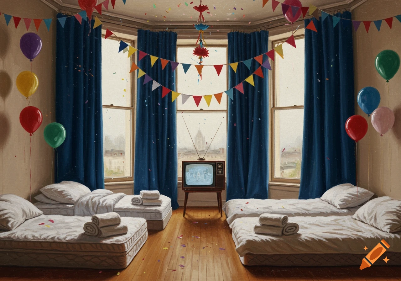 A room decorated for a party, with balloons, colorful pennants, several beds, and an old TV in front of large windows with dark blue curtains. Confetti litters the wooden floor.