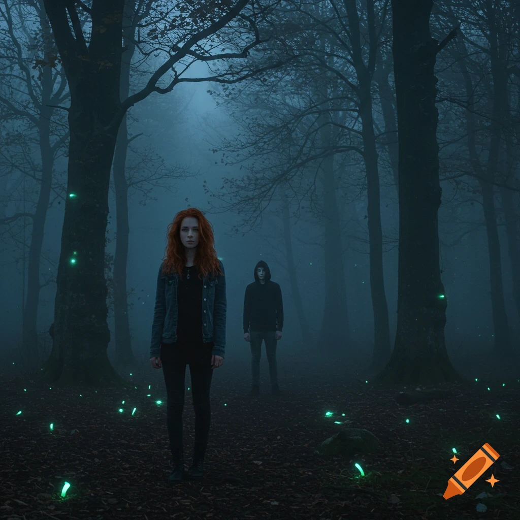 A woman with red hair and a person in a dark hoodie stand in a dark, misty forest with glowing green lights.