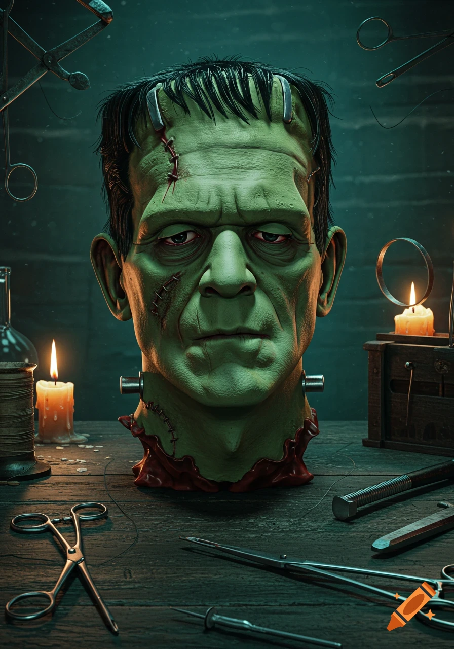 Photorealistic severed head of Frankenstein's monster with stitches and neck bolts, on a table surrounded by surgical tools and candles.
