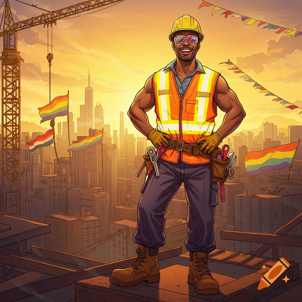 A cartoon of a muscular Black construction worker in a safety vest and hard hat, standing on a building site with rainbow flags and a city skyline at sunset.