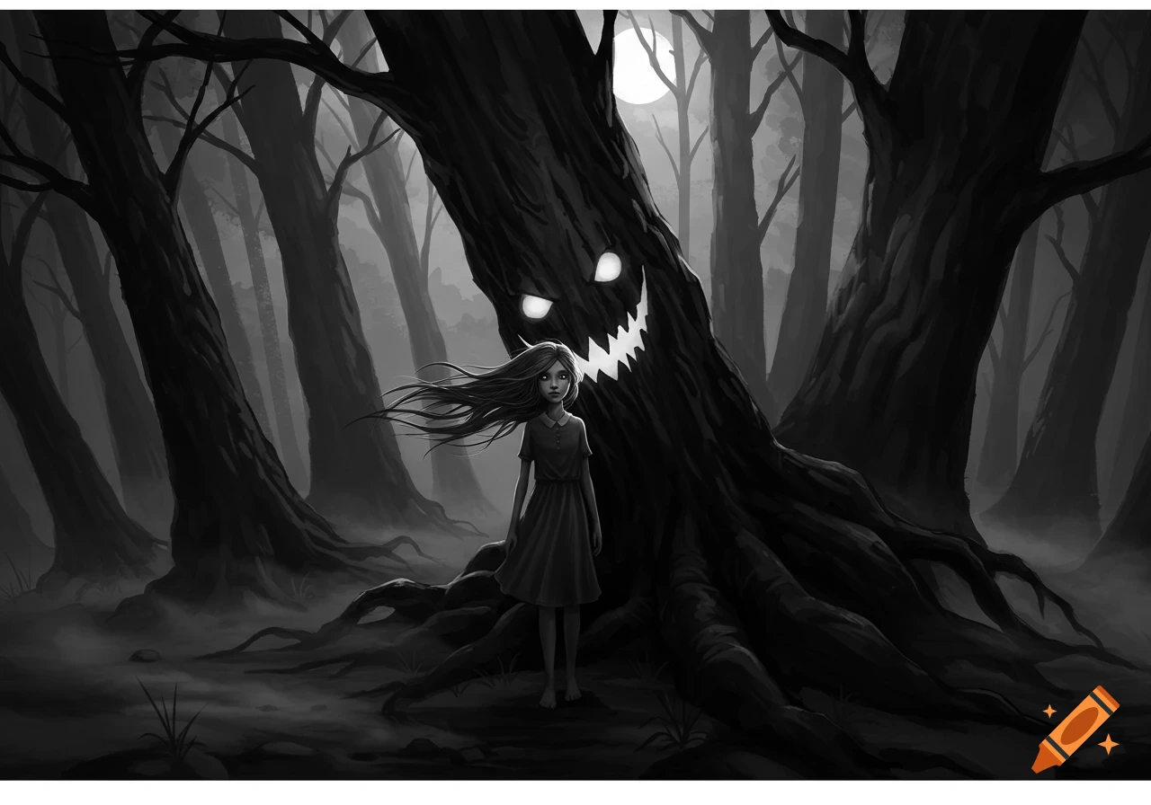 A black and white illustration of a girl in a spooky forest with a tree forming a glowing, scary face behind her.