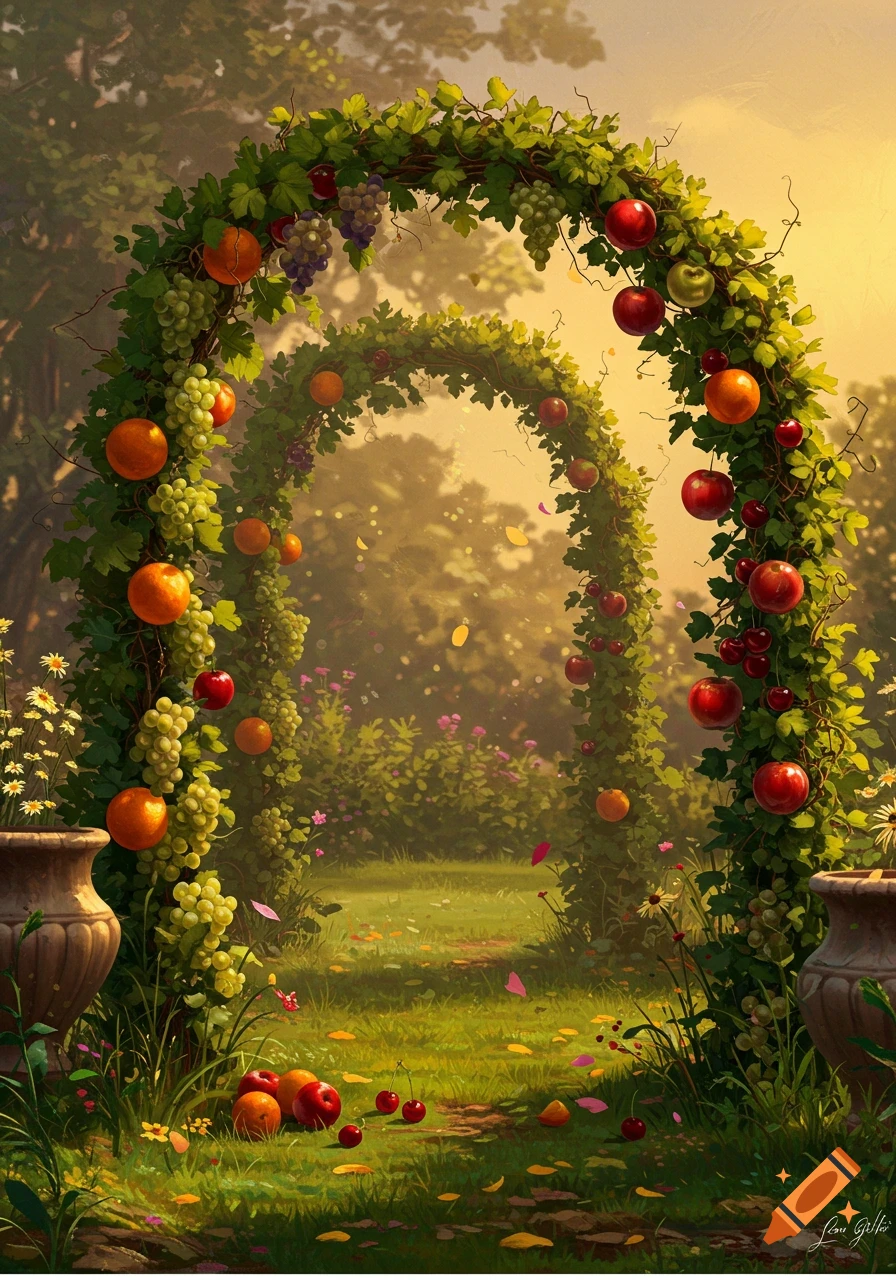 Two lush vine arches laden with colorful fruits, including grapes, oranges, and apples, frame a sunlit garden path.