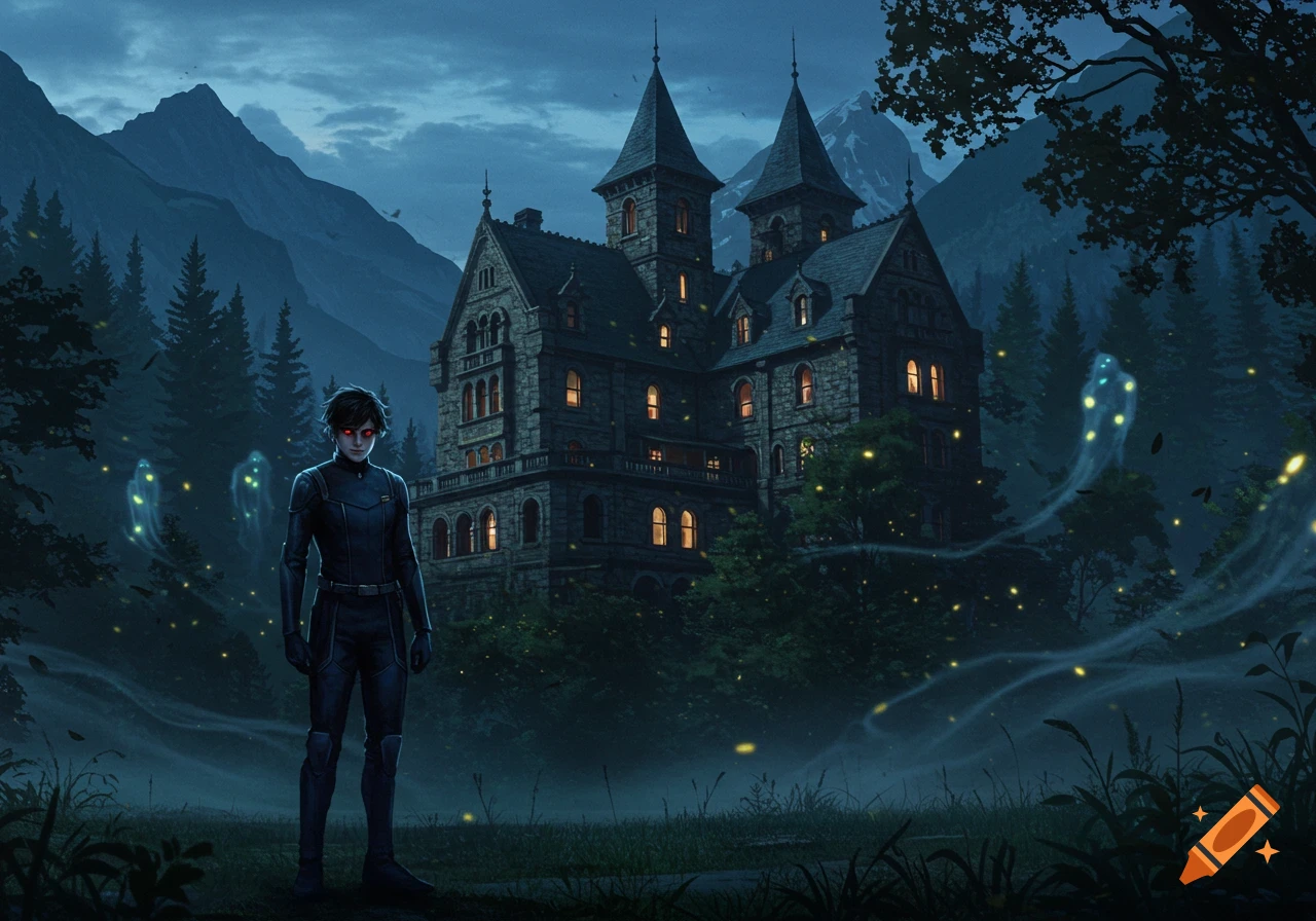A young man with red eyes in a dark uniform stands before a gothic mansion and misty forest with glowing spirits at dusk, digital art.