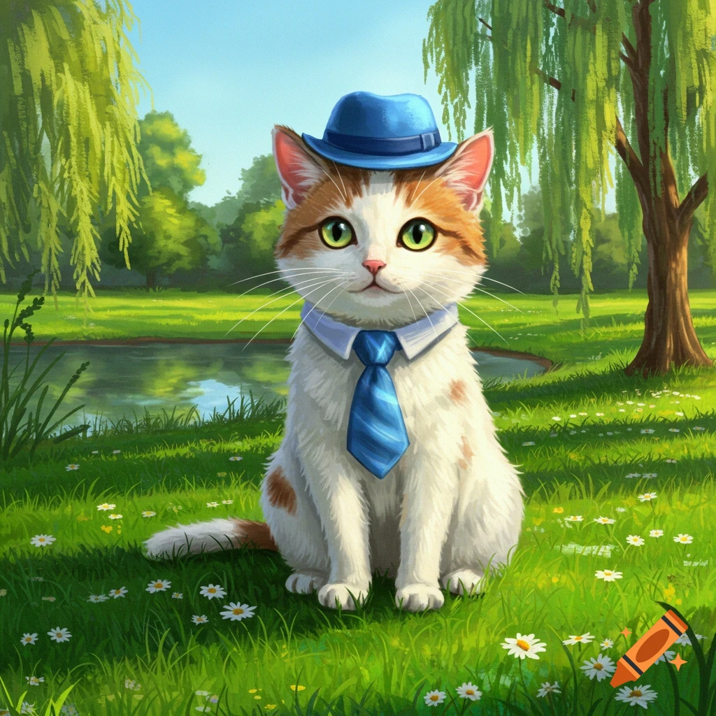 A cute white cat with brown spots, wearing a blue hat and tie, sits in a vibrant green park with a pond and willow trees in an illustrative style.
