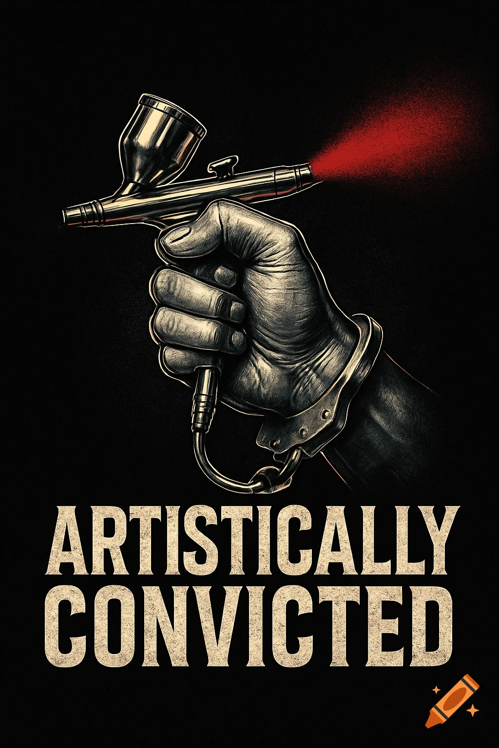 A gritty, symbolic logo with a hand in handcuffs holding an airbrush spraying red paint, with the text 'ARTISTICALLY CONVICTED'.