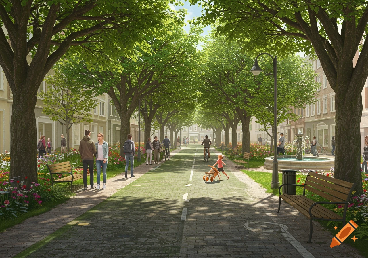 A photorealistic image of a tree-lined, car-free street with people walking, cycling, and a fountain.